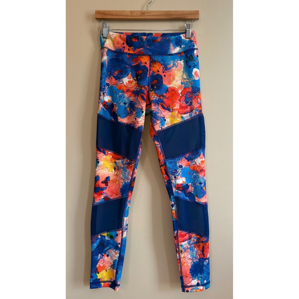 Adidas Abstract Floral Print Athletic Leggings Women's Size S Blue Orange‎ Pink